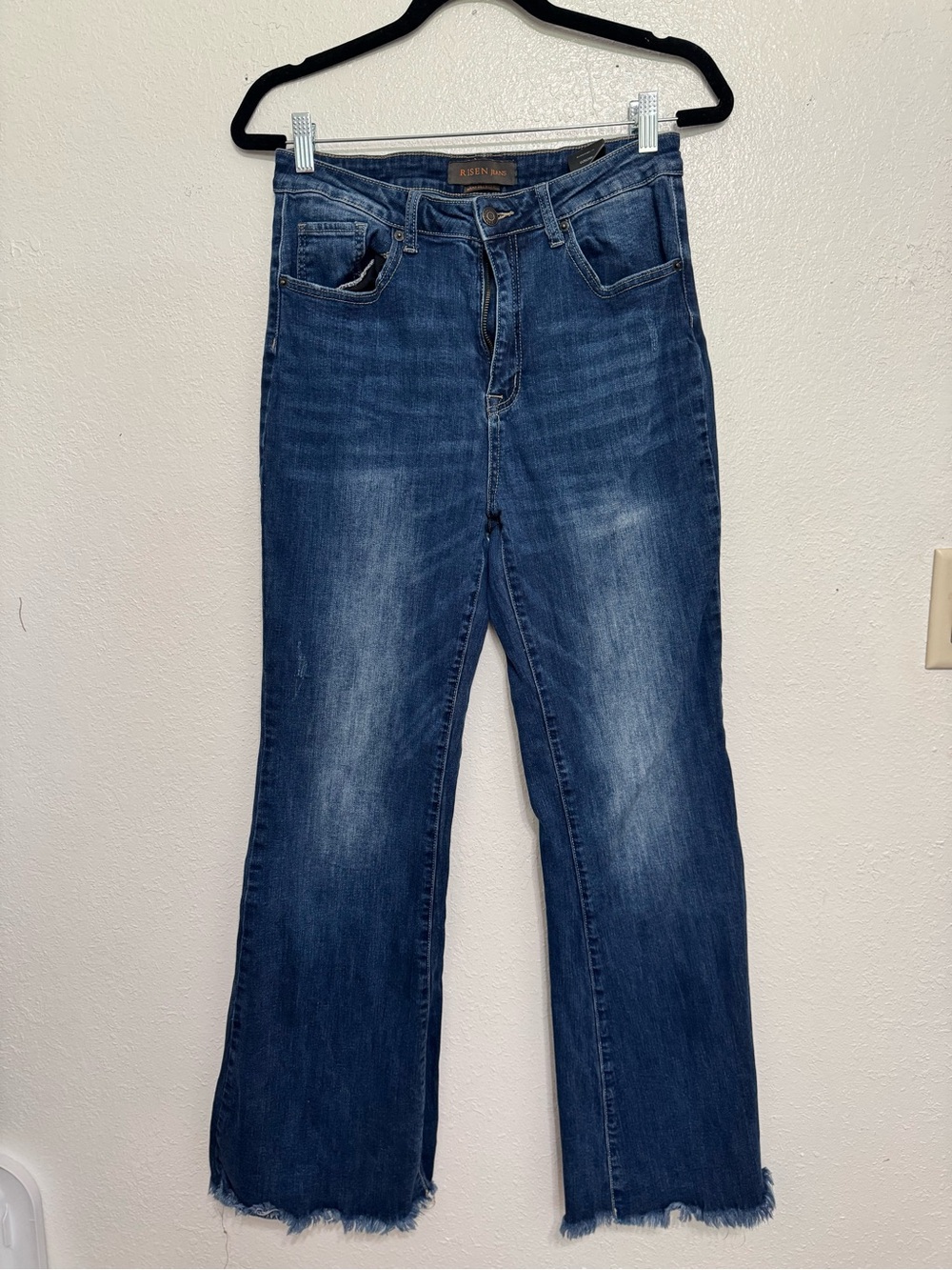 Risen High Rise Dark Blue Jeans Raw Hem Flare Size 30/11 - Picture 4 of 11